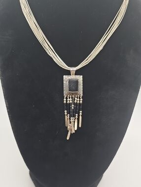 QT QUOC Sterling Silver Multi-Strand Black Onyx Pendant Fringe Necklace